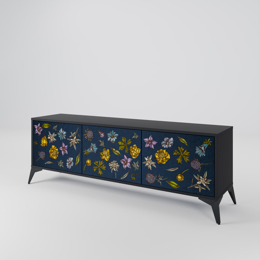 BLOMMOR PÅ MARINBLÅT 3-dörrars TV-bänk i svart finish