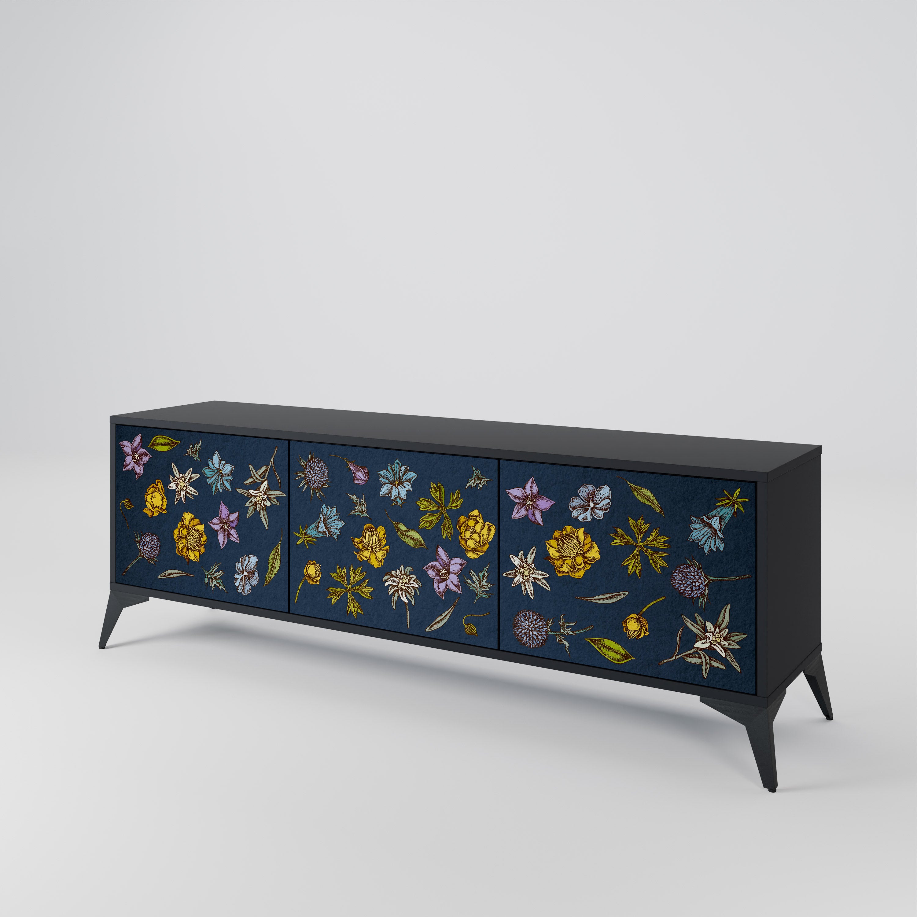 BLOMMOR PÅ MARINBLÅT 3-dörrars TV-bänk i svart finish