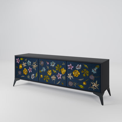 BLOMMOR PÅ MARINBLÅT 3-dörrars TV-bänk i svart finish