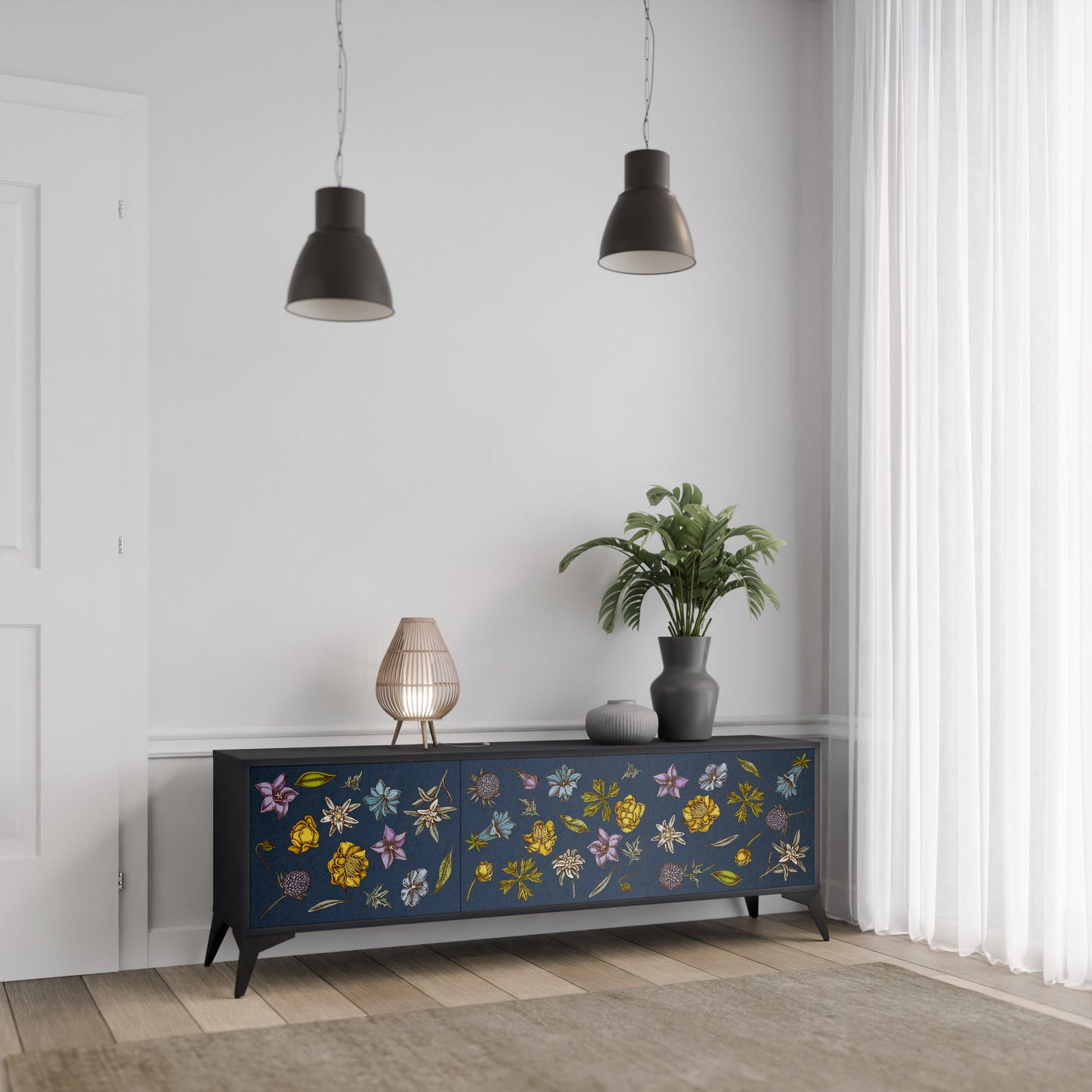 BLOMMOR PÅ MARINBLÅT 3-dörrars TV-bänk i svart finish