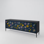 FLOWERS ON NAVY BLUE 3-Door TV Stand in Black Finish