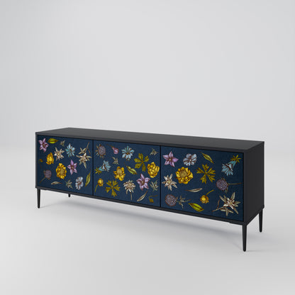 BLOMMOR PÅ MARINBLÅT 3-dörrars TV-bänk i svart finish