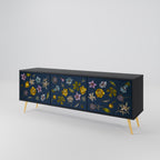 FLOWERS ON NAVY BLUE 3-Door TV Stand in Black Finish