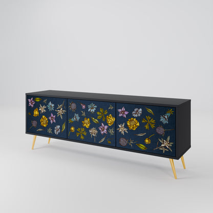 BLOMMOR PÅ MARINBLÅT 3-dörrars TV-bänk i svart finish
