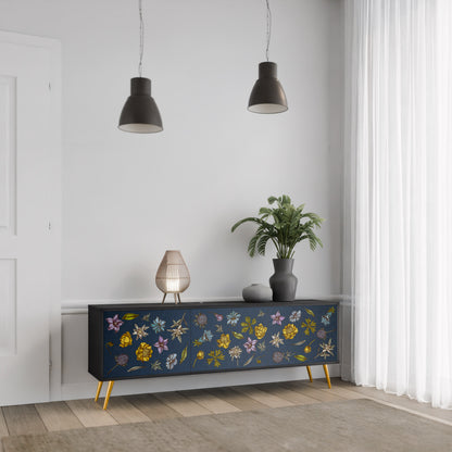 BLOMMOR PÅ MARINBLÅT 3-dörrars TV-bänk i svart finish