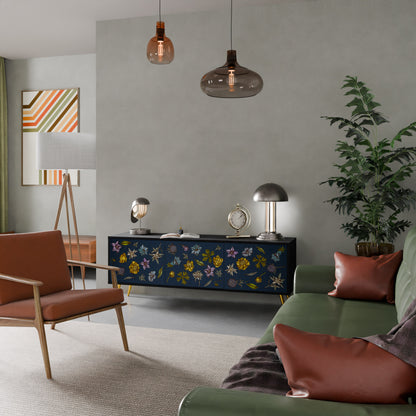 BLOMMOR PÅ MARINBLÅT 3-dörrars TV-bänk i svart finish