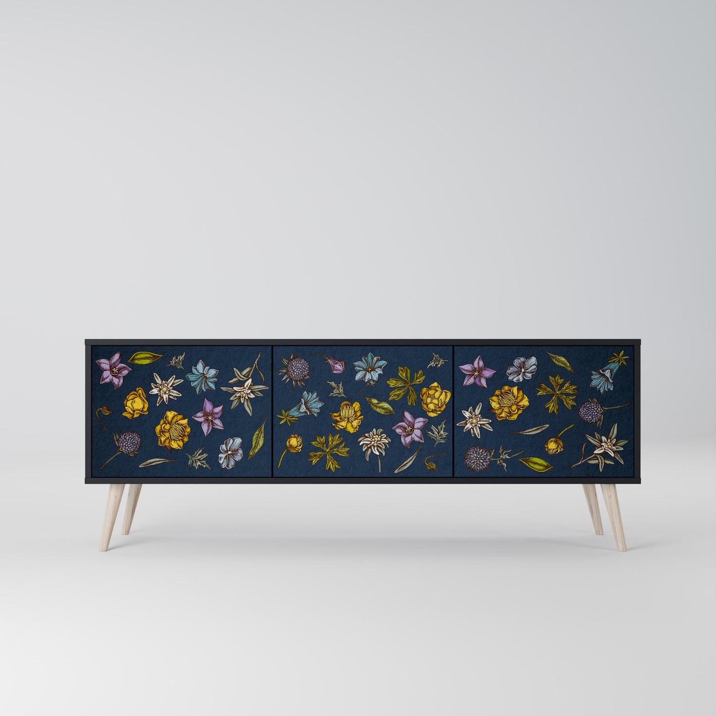 BLOMMOR PÅ MARINBLÅT 3-dörrars TV-bänk i svart finish