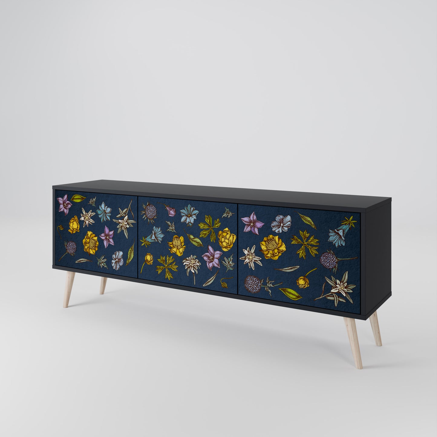 BLOMMOR PÅ MARINBLÅT 3-dörrars TV-bänk i svart finish