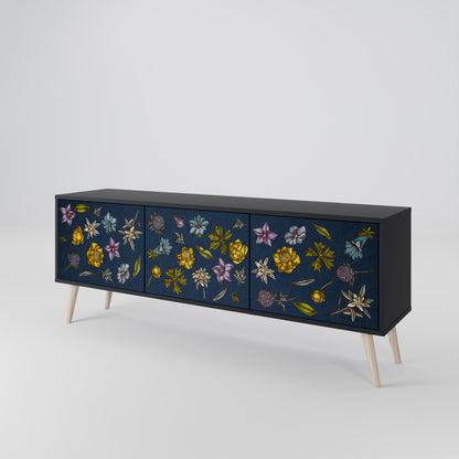 BLOMMOR PÅ MARINBLÅT 3-dörrars TV-bänk i svart finish