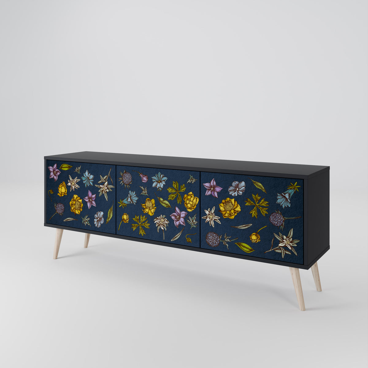 FLOWERS ON NAVY BLUE TV-bänk med 3 dörrar