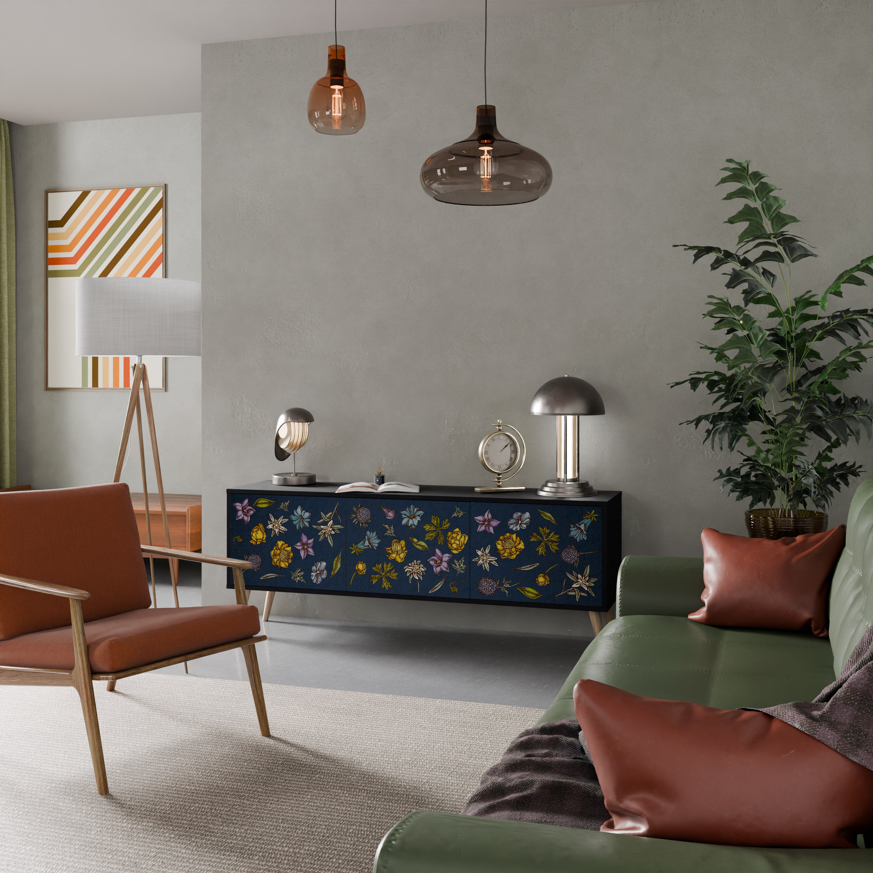 BLOMMOR PÅ MARINBLÅT 3-dörrars TV-bänk i svart finish