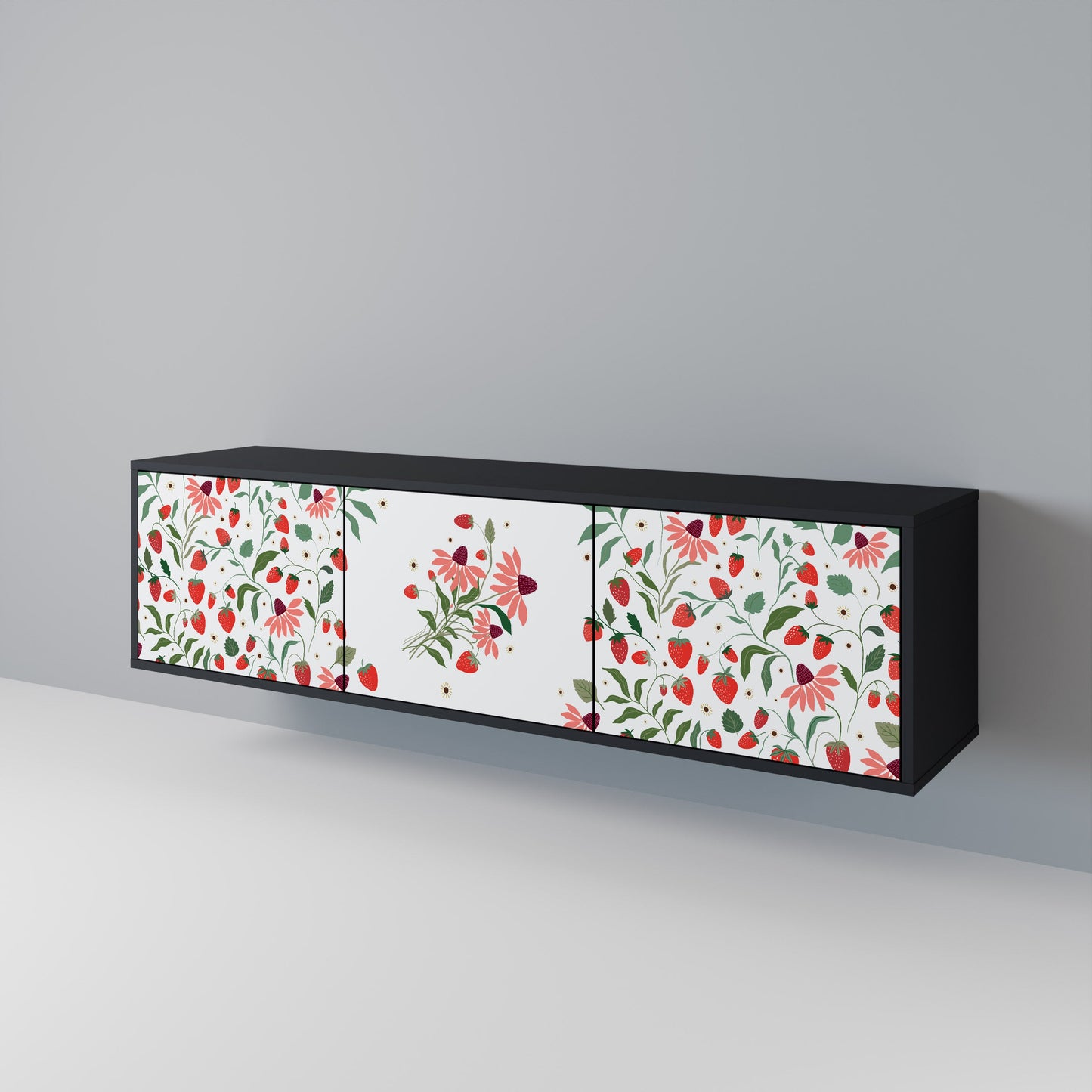 BLOMMOR OCH JORDGUBBAR 3-dörrars TV-bänk i svart finish