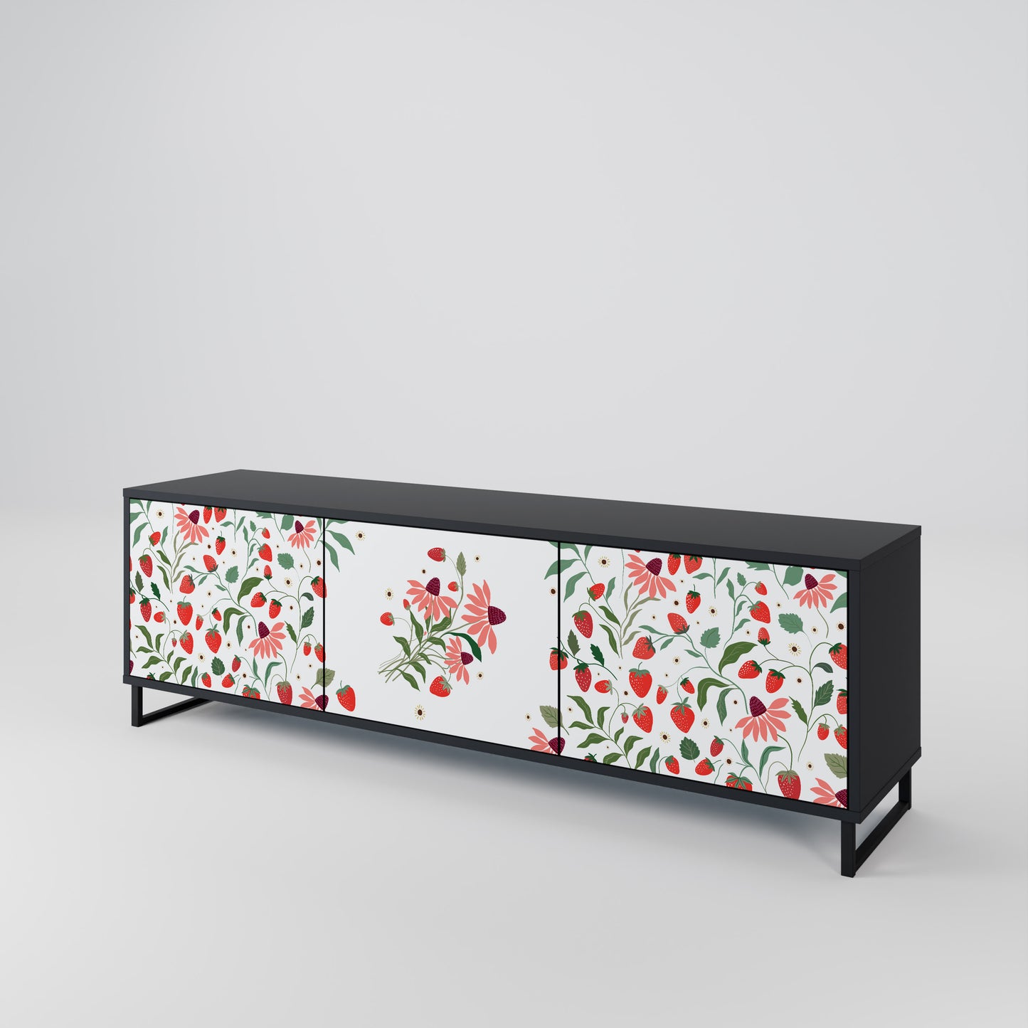 BLOMMOR OCH JORDGUBBAR 3-dörrars TV-bänk i svart finish