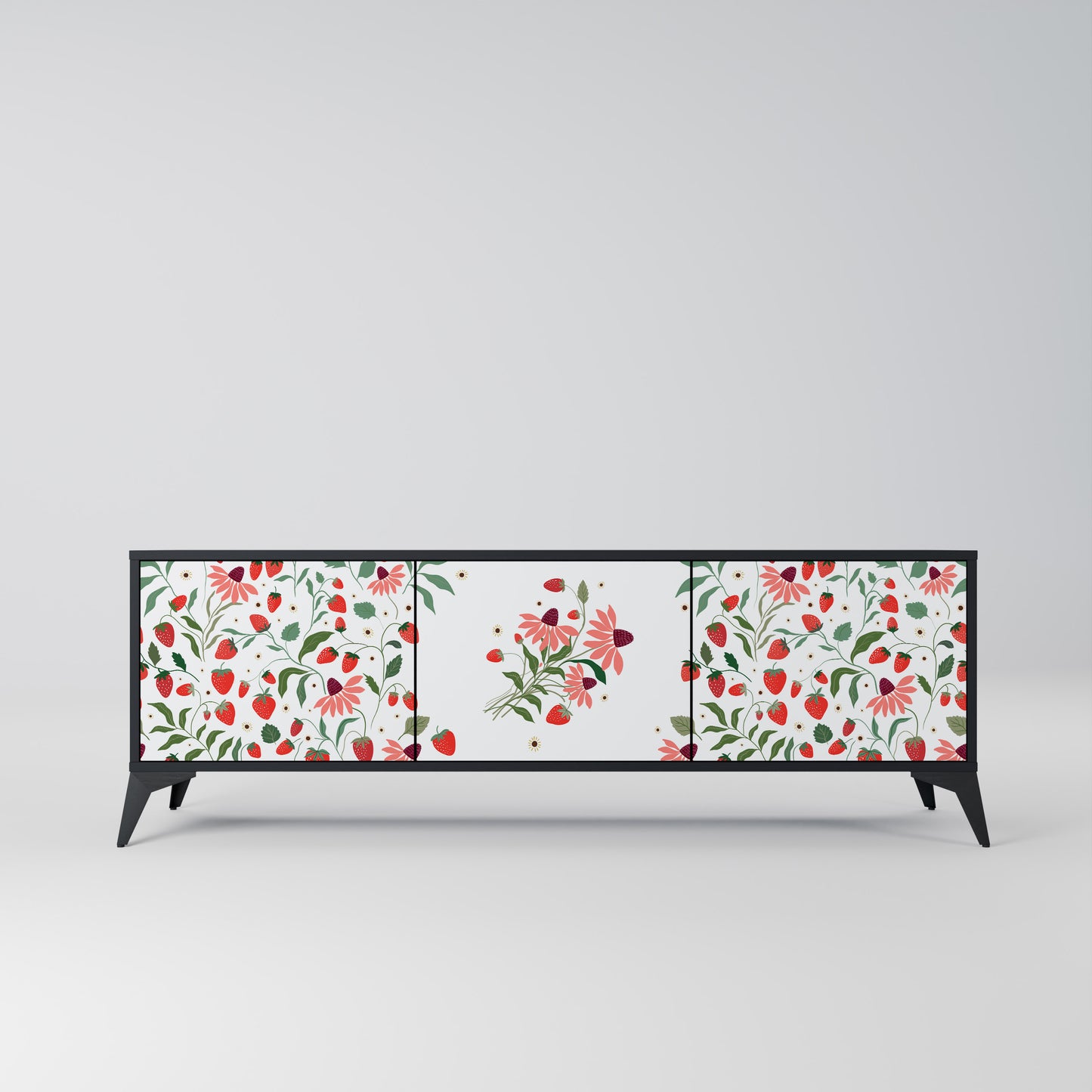 BLOMMOR OCH JORDGUBBAR 3-dörrars TV-bänk i svart finish