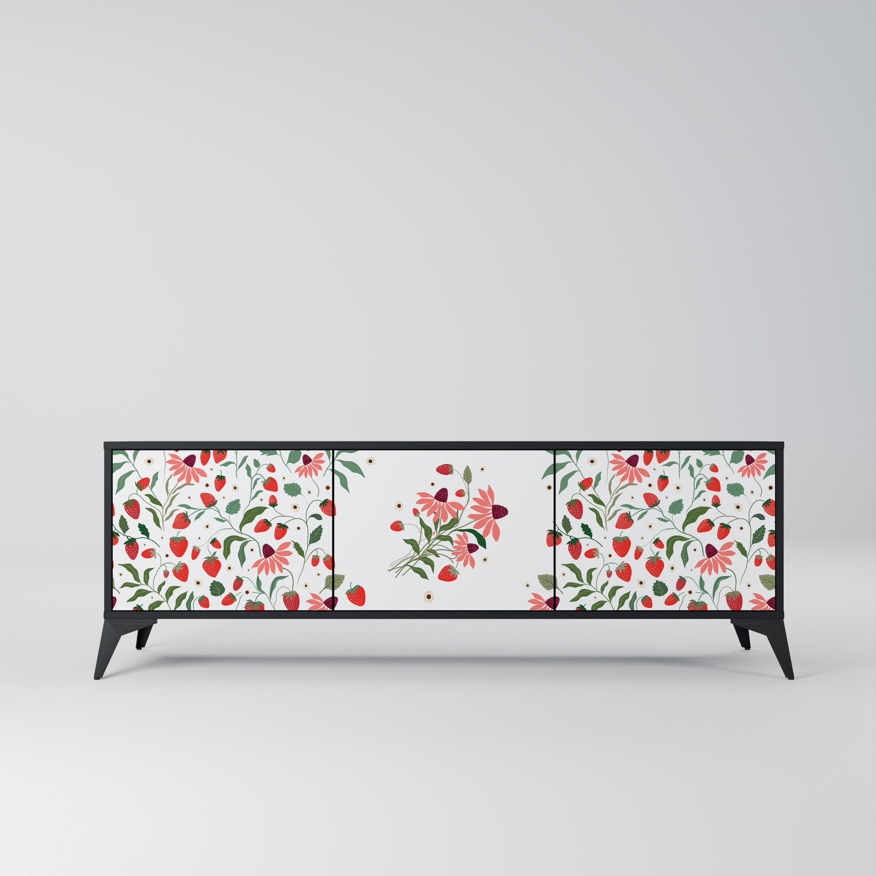 BLOMMOR OCH JORDGUBBAR 3-dörrars TV-bänk i svart finish