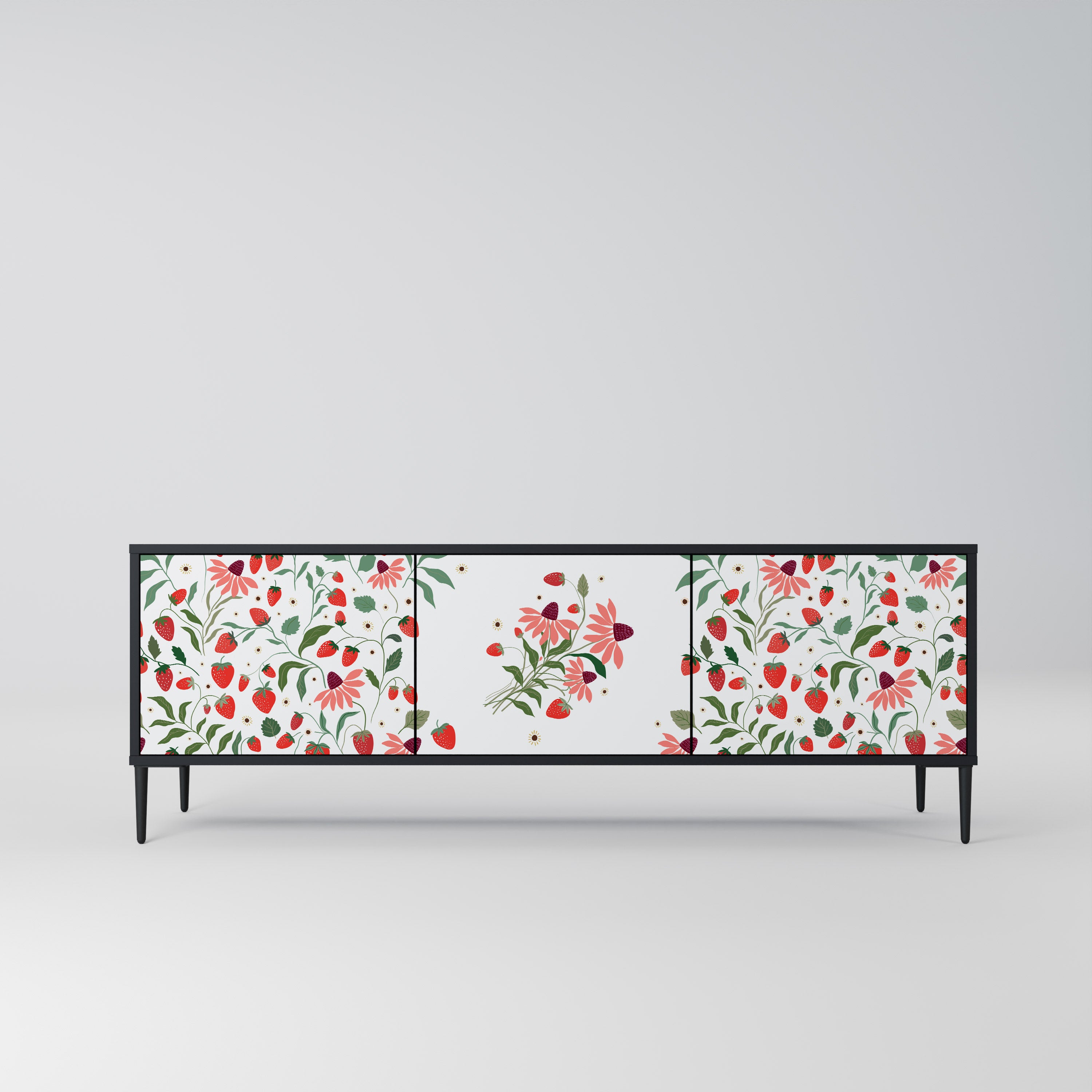 BLOMMOR OCH JORDGUBBAR 3-dörrars TV-bänk i svart finish
