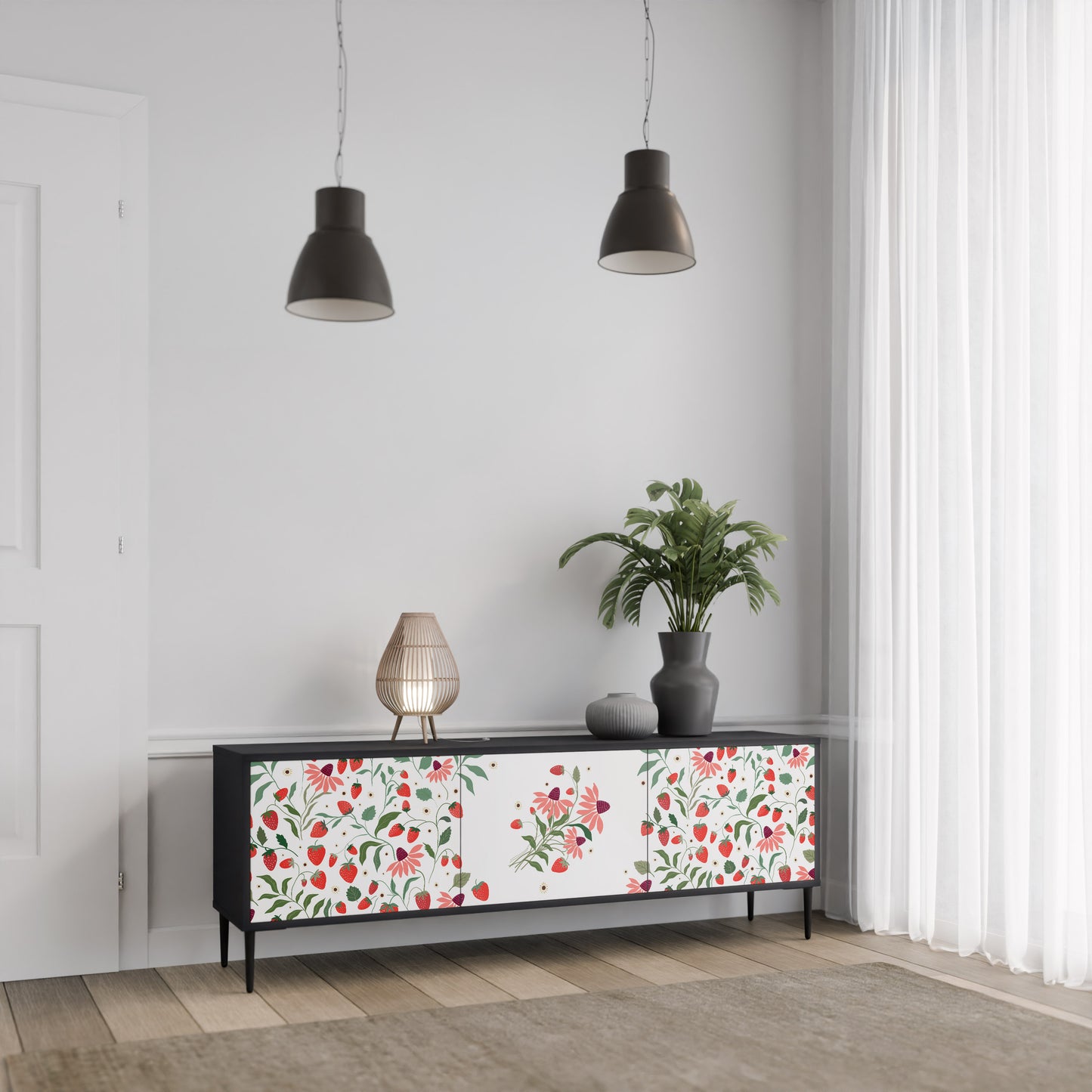 BLOMMOR OCH JORDGUBBAR 3-dörrars TV-bänk i svart finish