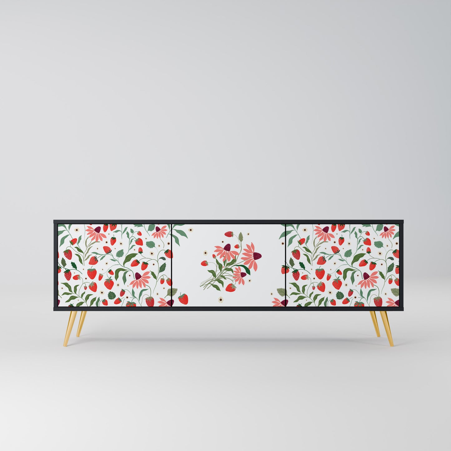 BLOMMOR OCH JORDGUBBAR 3-dörrars TV-bänk i svart finish