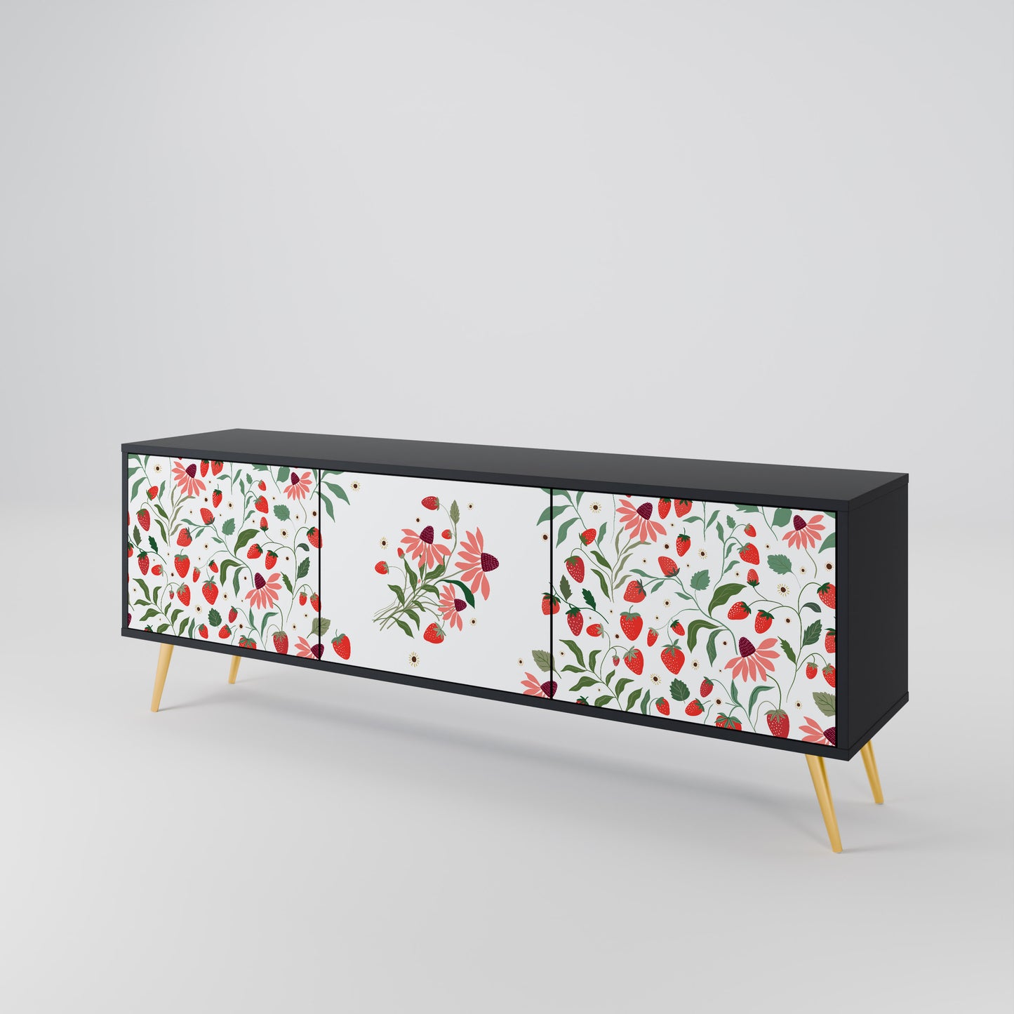 BLOMMOR OCH JORDGUBBAR 3-dörrars TV-bänk i svart finish