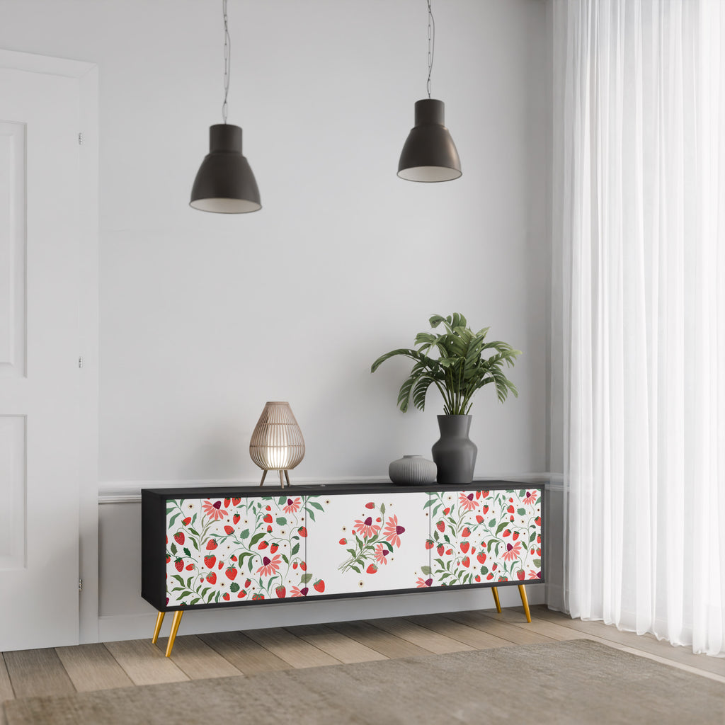 BLOMMOR OCH JORDGUBBAR 3-dörrars TV-bänk i svart finish