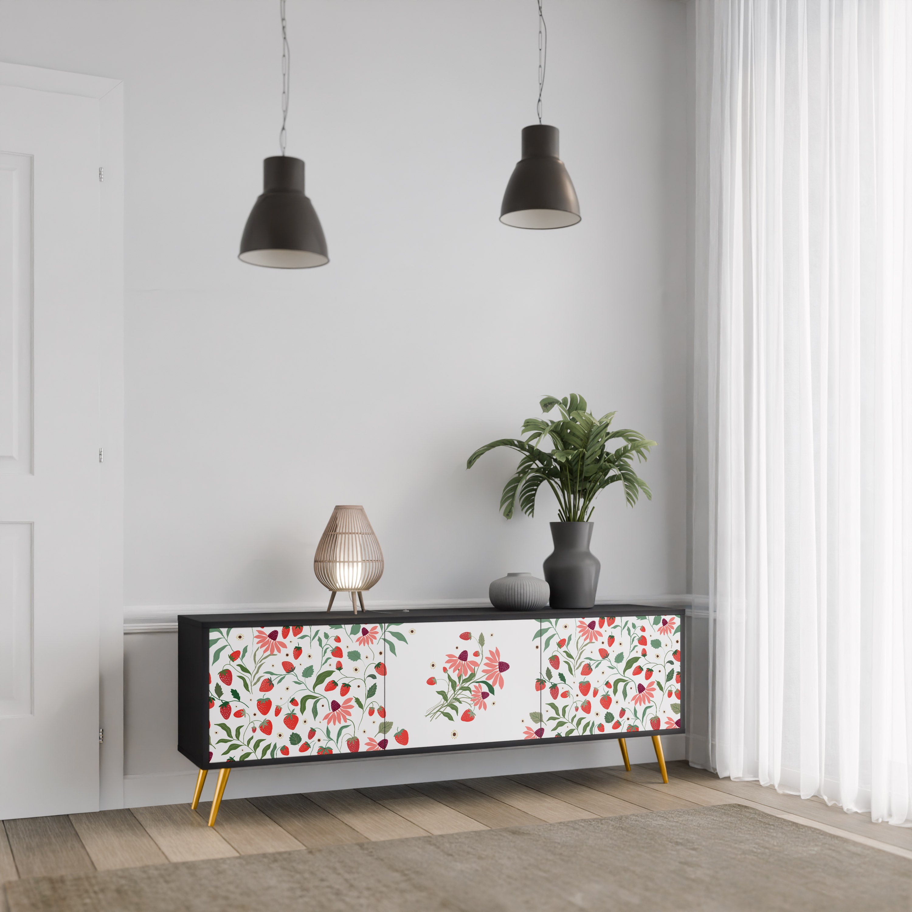 BLOMMOR OCH JORDGUBBAR 3-dörrars TV-bänk i svart finish