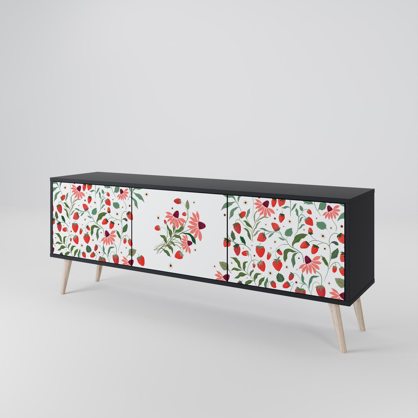 BLOMMOR OCH JORDGUBBAR 3-dörrars TV-bänk i svart finish