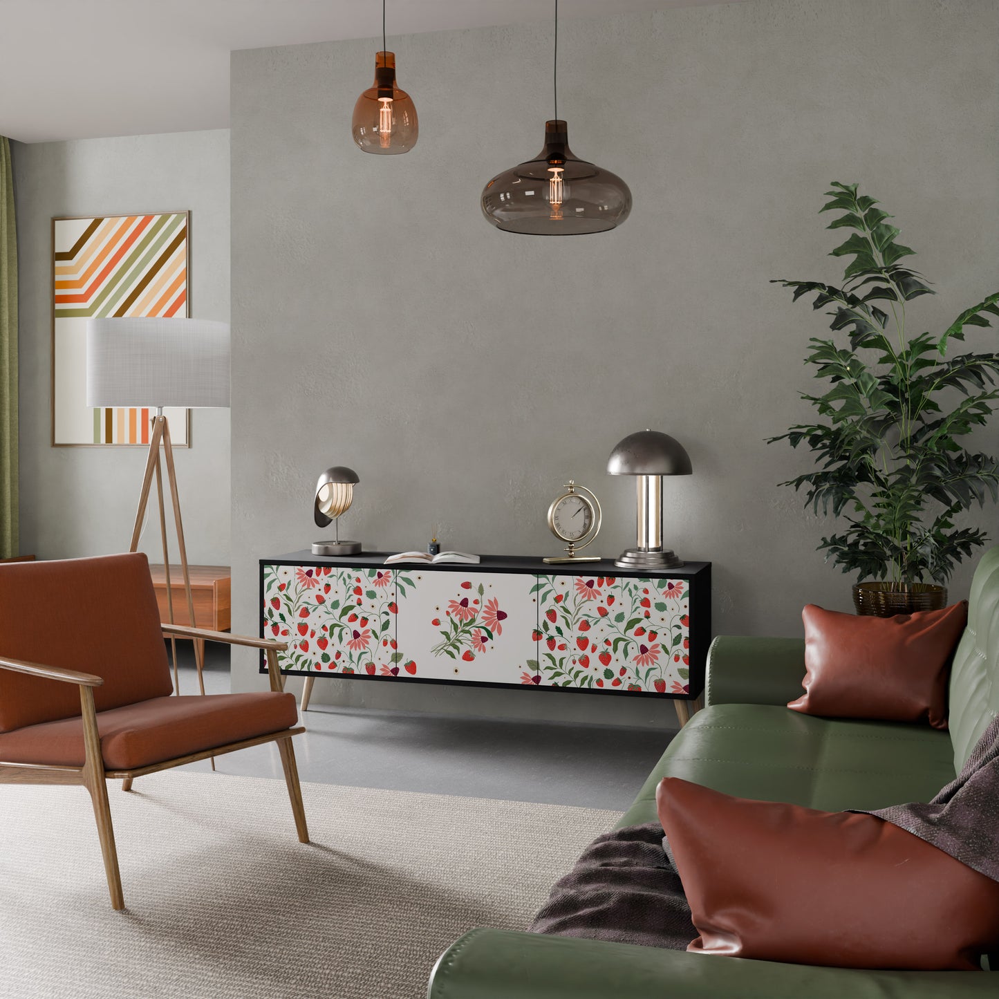 BLOMMOR OCH JORDGUBBAR 3-dörrars TV-bänk i svart finish