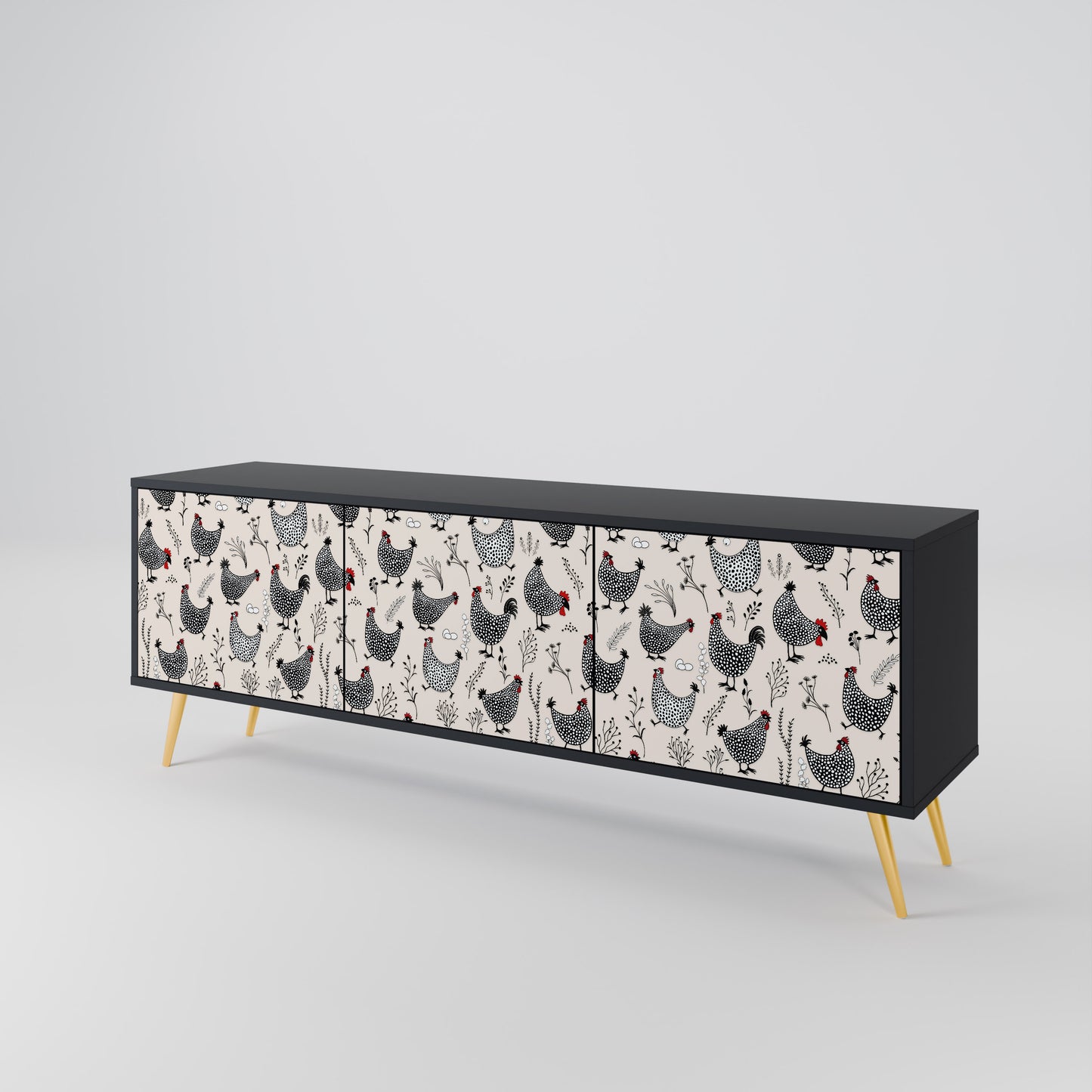 HAPPY HENS 3-Door TV Stand in Black Finish