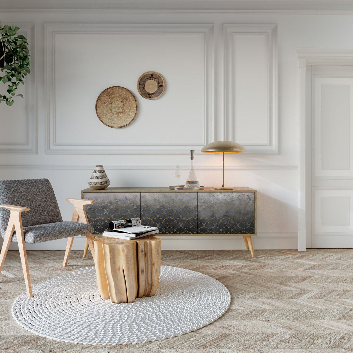 TESSELATED GRAYISH TV-bänk med 3 dörrar