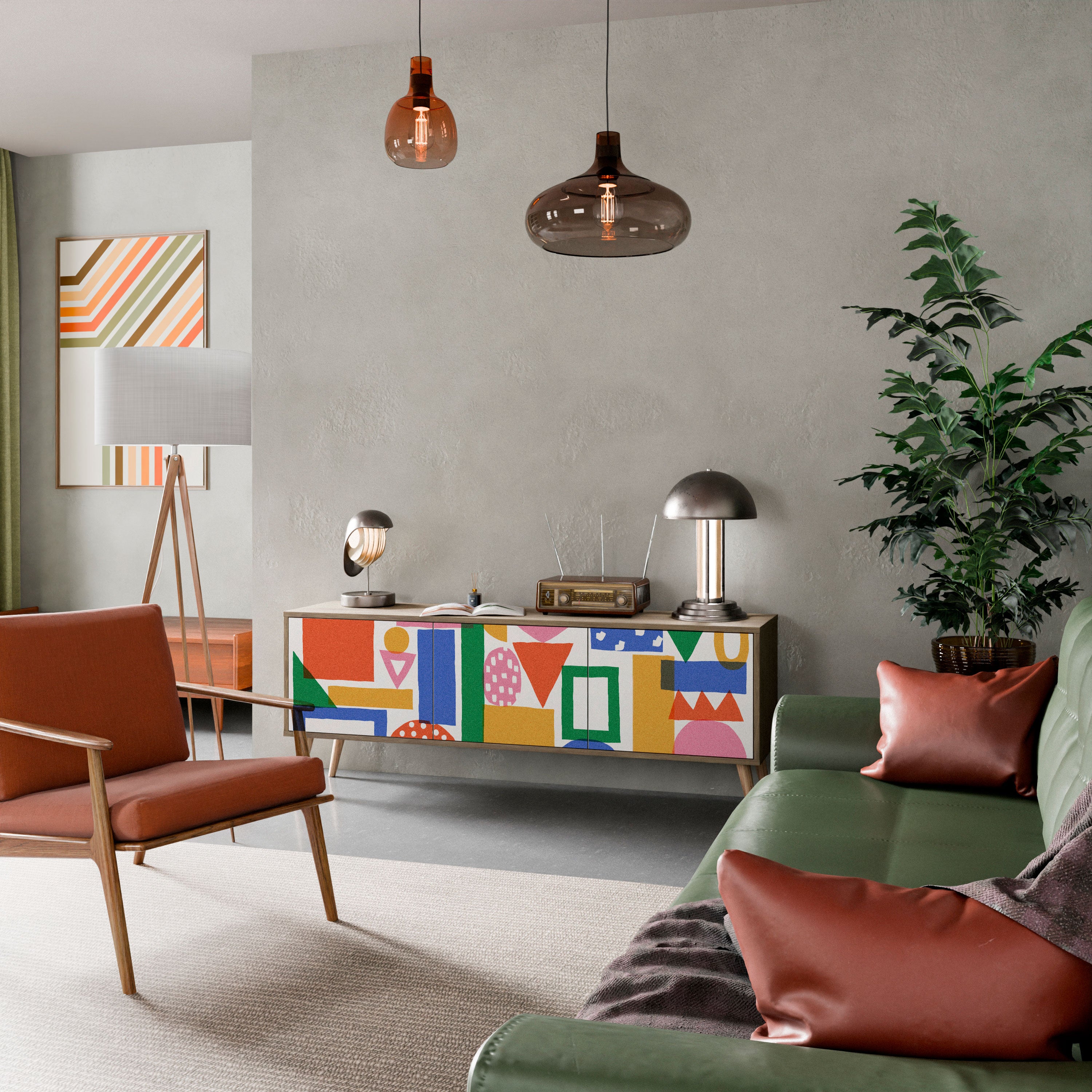 GEOMETRIC GLIMMER 3-dörrars TV-bänk i ekeffekt