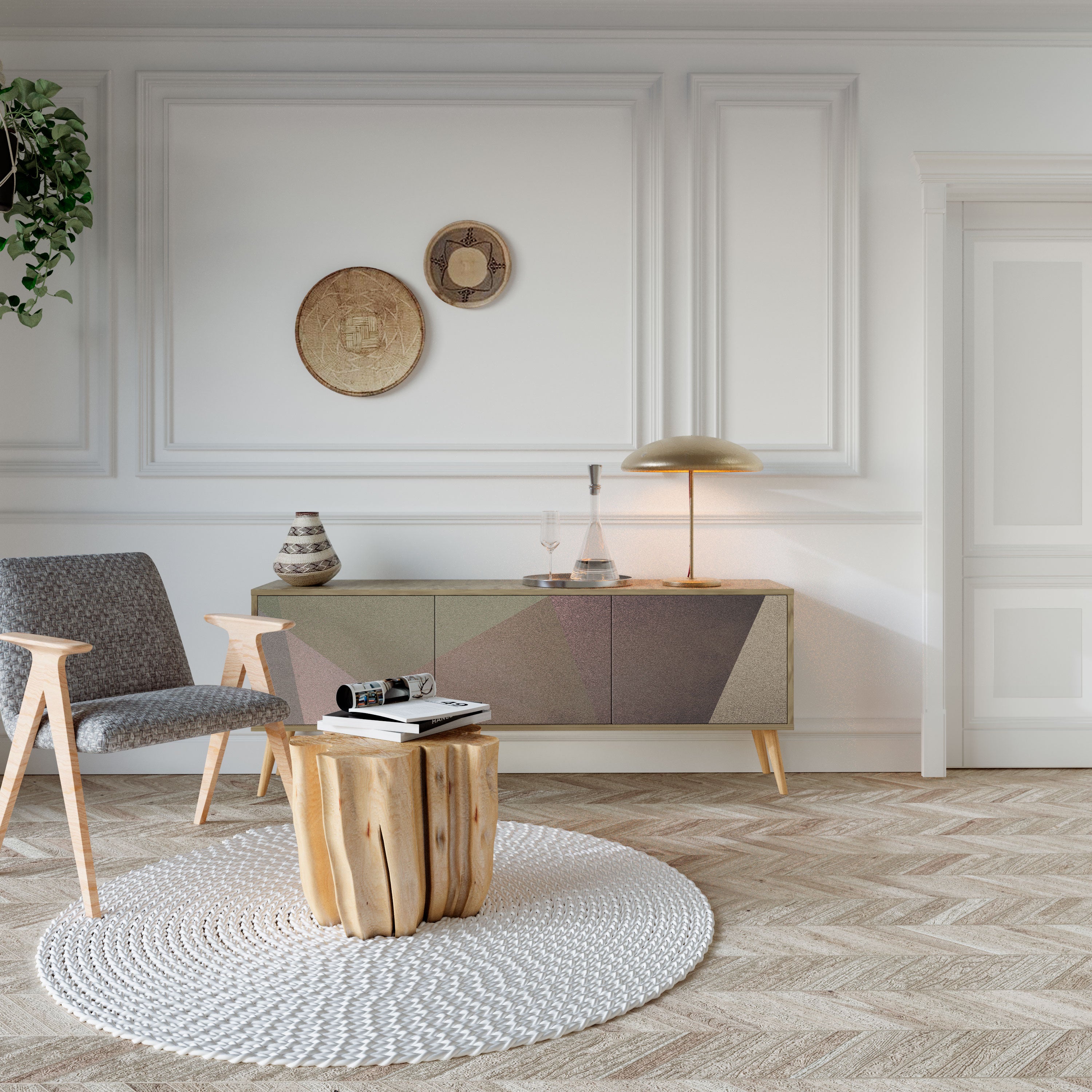 BEIGE GEOMETRY 3-dörrars TV-bänk i ekeffekt