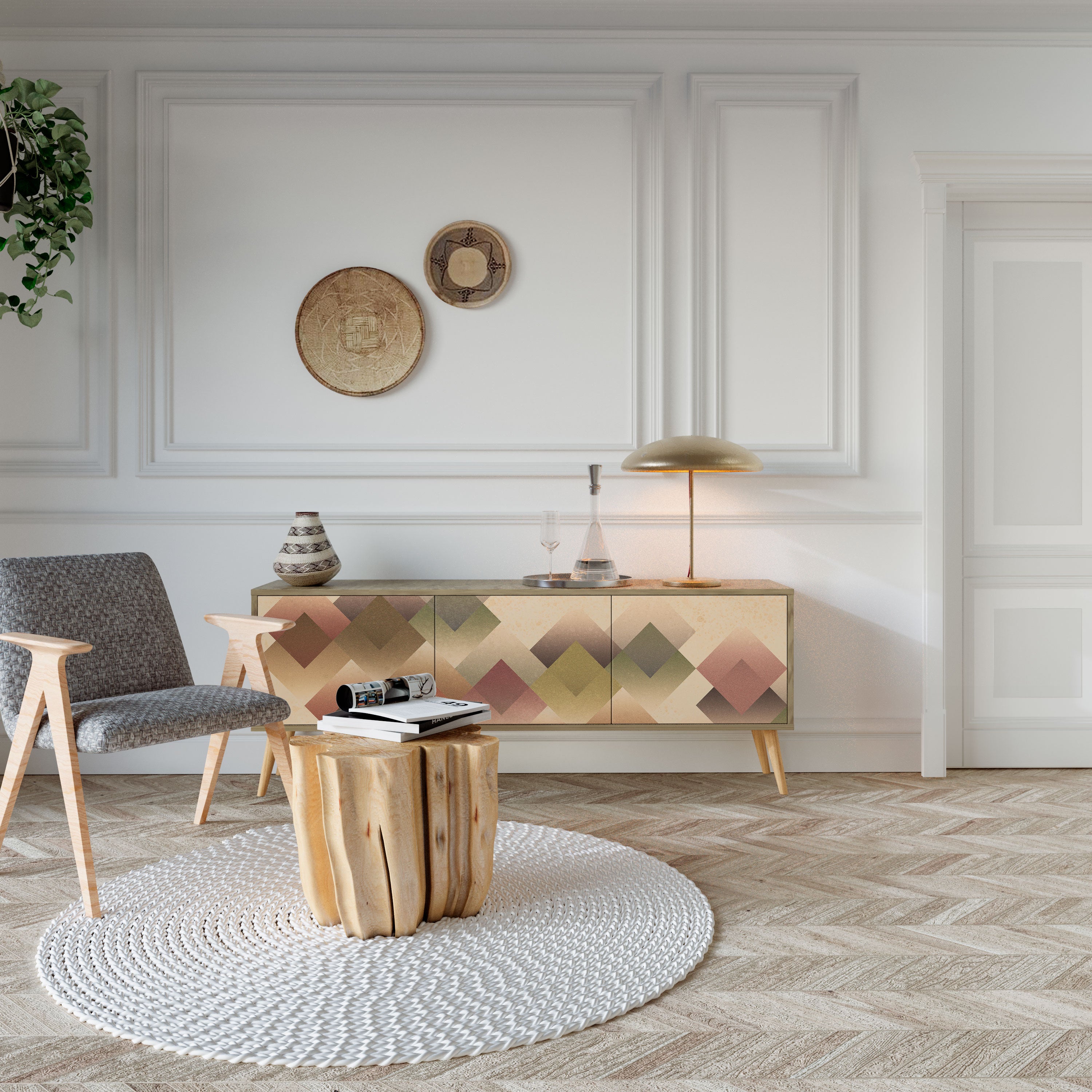 GEOMETRIC FUSION 3-dörrars TV-bänk i ekeffekt