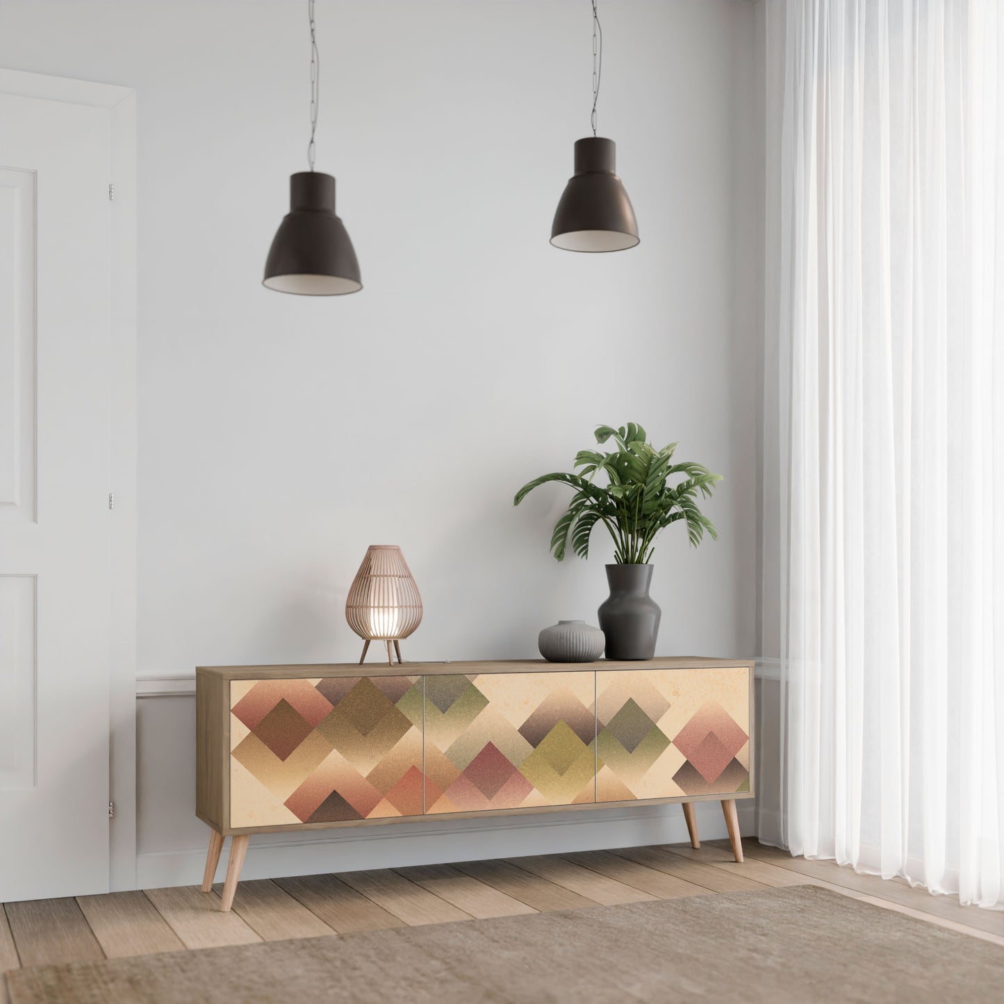 GEOMETRIC FUSION 3-Door TV Stand in Oak Effect