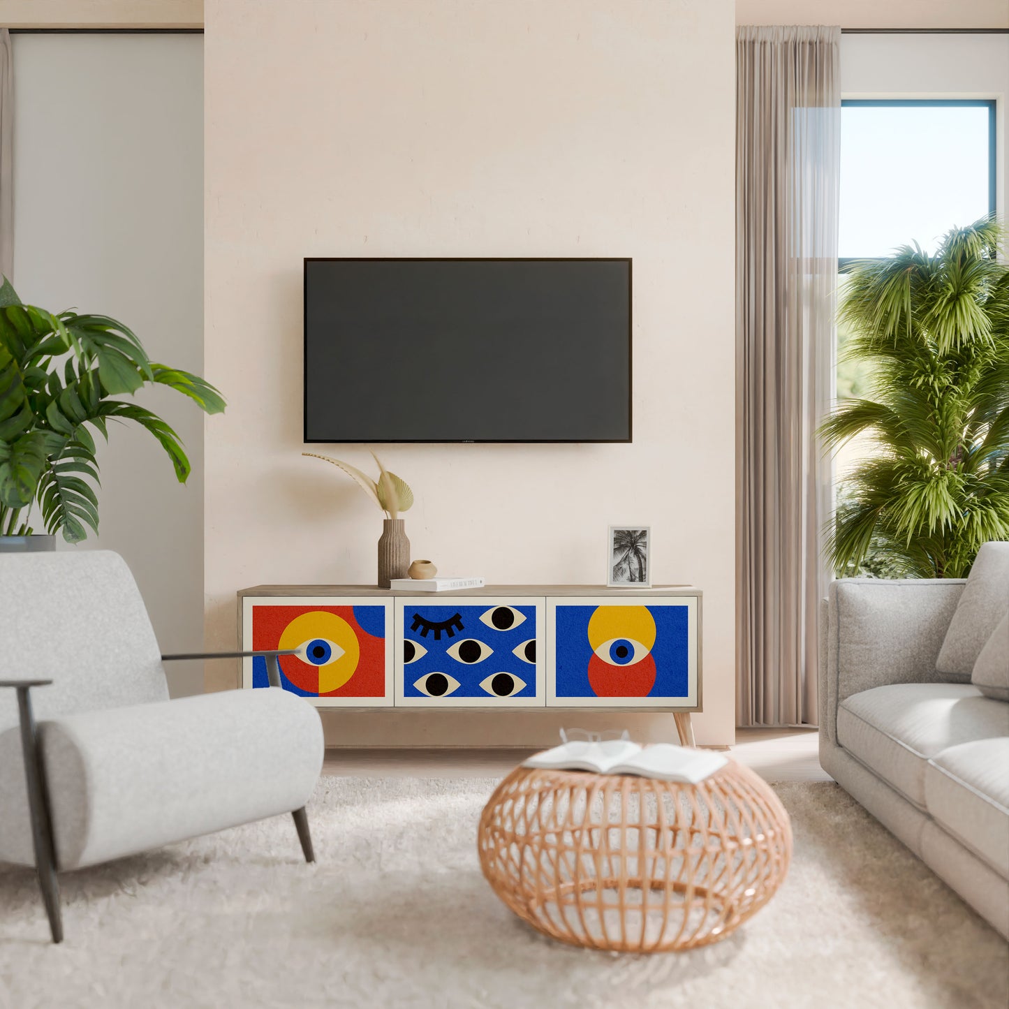 GEOMETRIC EYES 3-Door TV Stand in Oak Effect