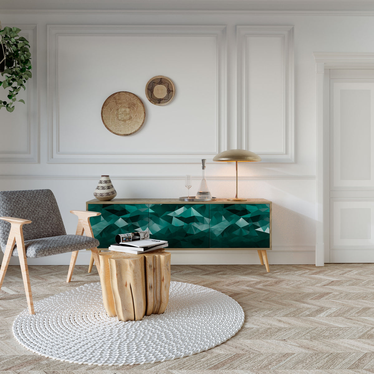 POLYGONAL FLOATING TV-bänk med 3 dörrar