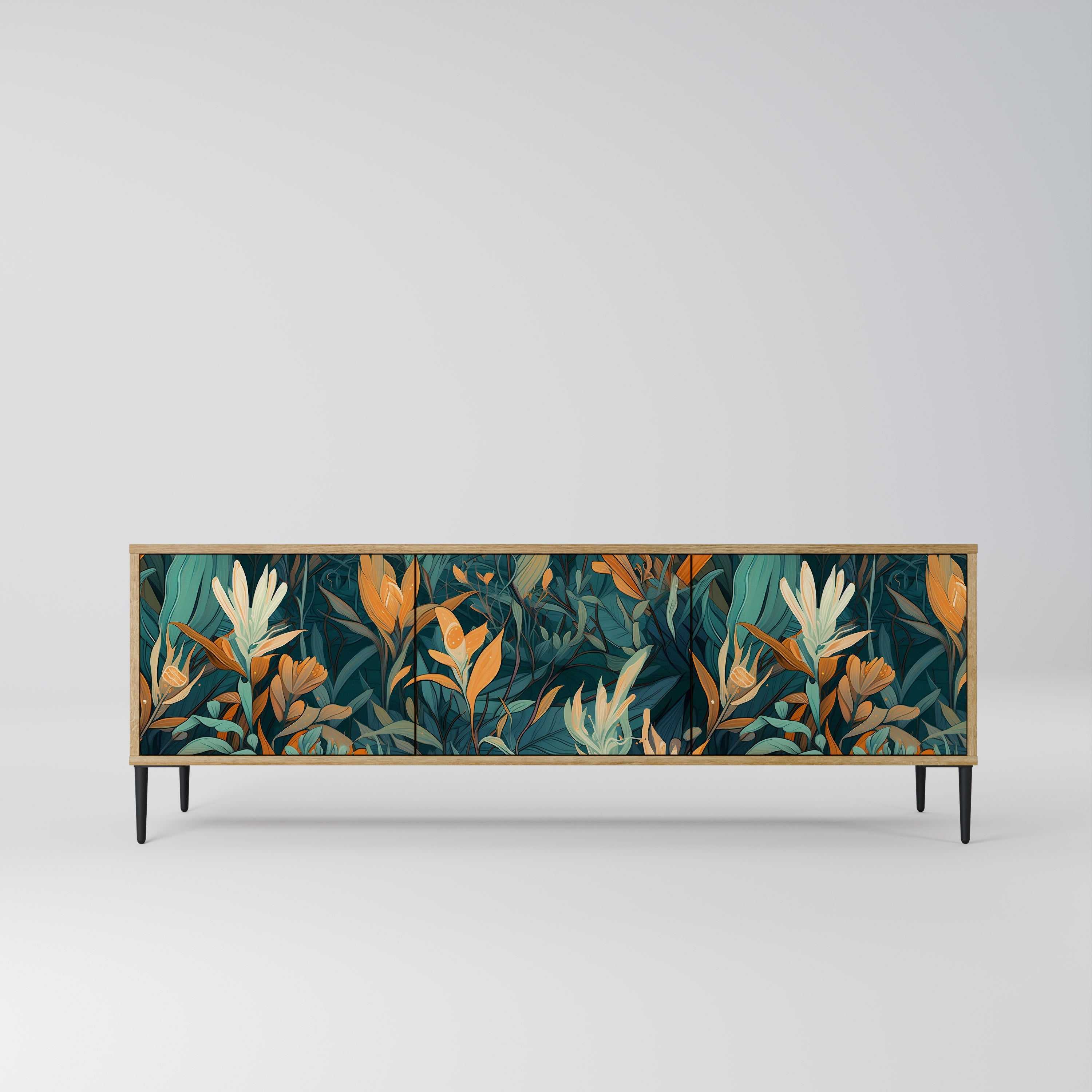 FLORAL SERENITY 3-dörrars TV-bänk i ekeffekt