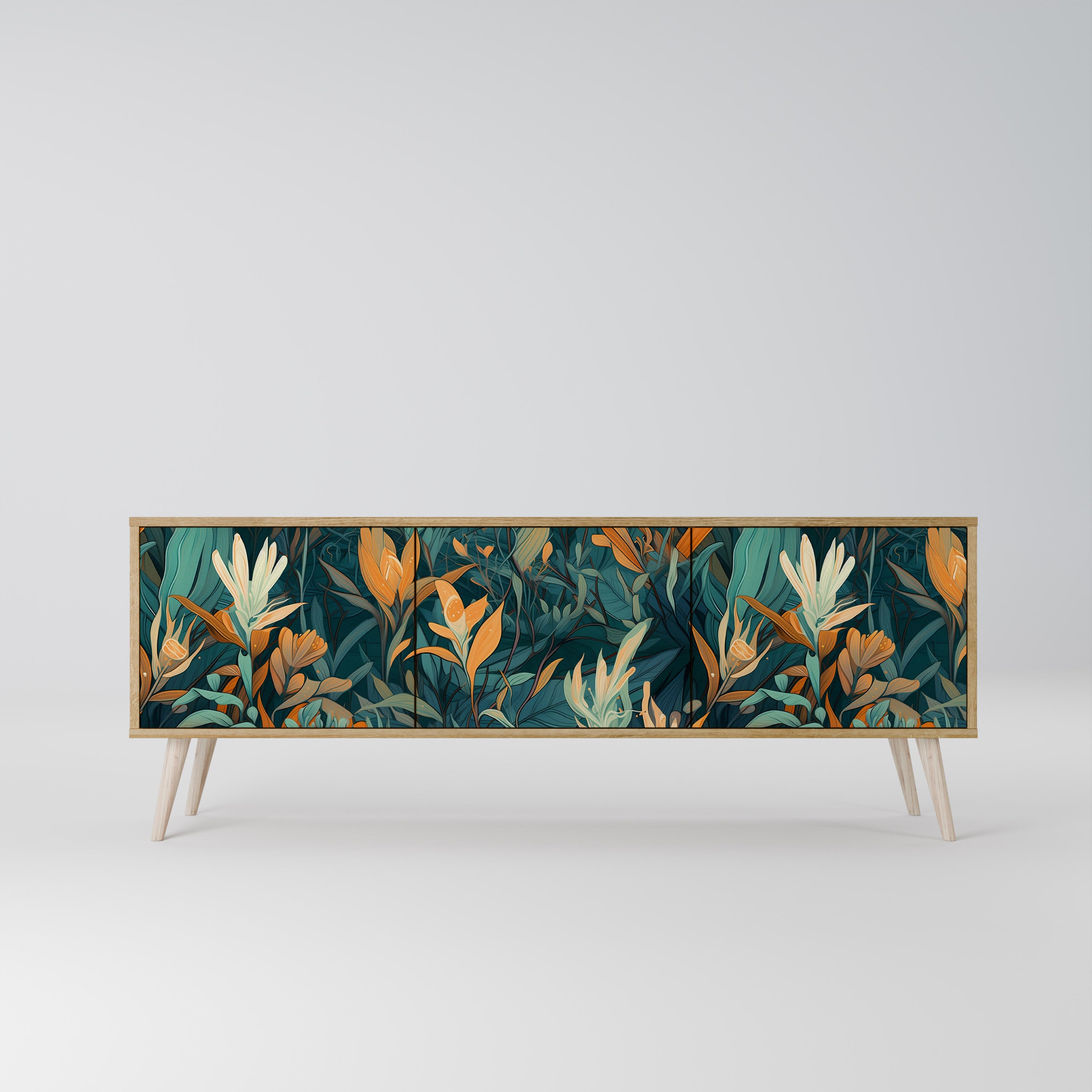 FLORAL SERENITY 3-dörrars TV-bänk i ekeffekt