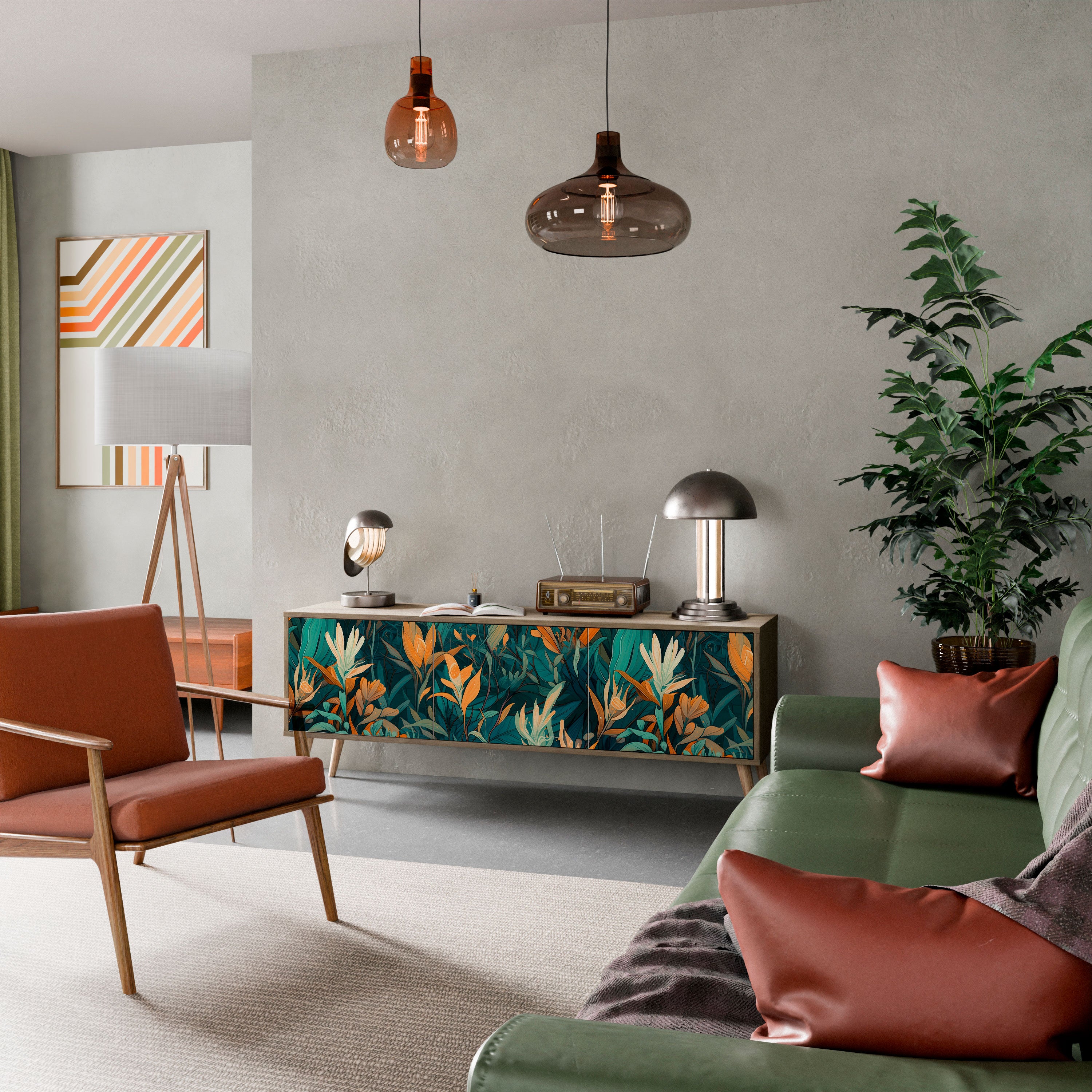 FLORAL SERENITY 3-dörrars TV-bänk i ekeffekt