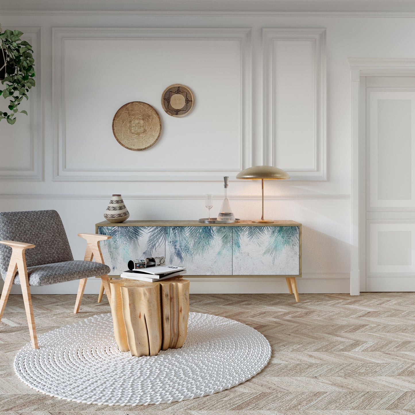 PALM VEIL TV-bänk med 3 dörrar i ekeffekt