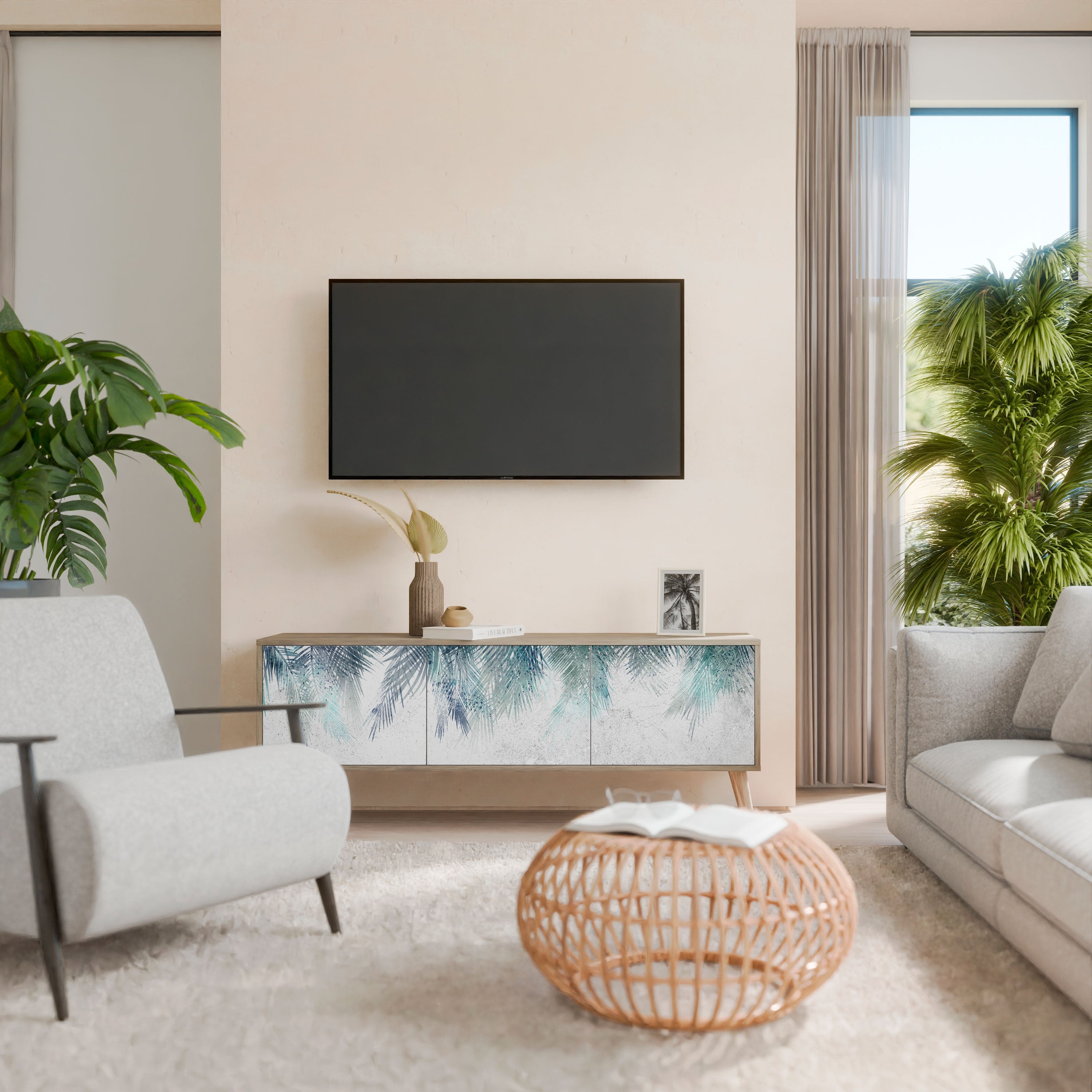PALM VEIL TV-bänk med 3 dörrar i ekeffekt
