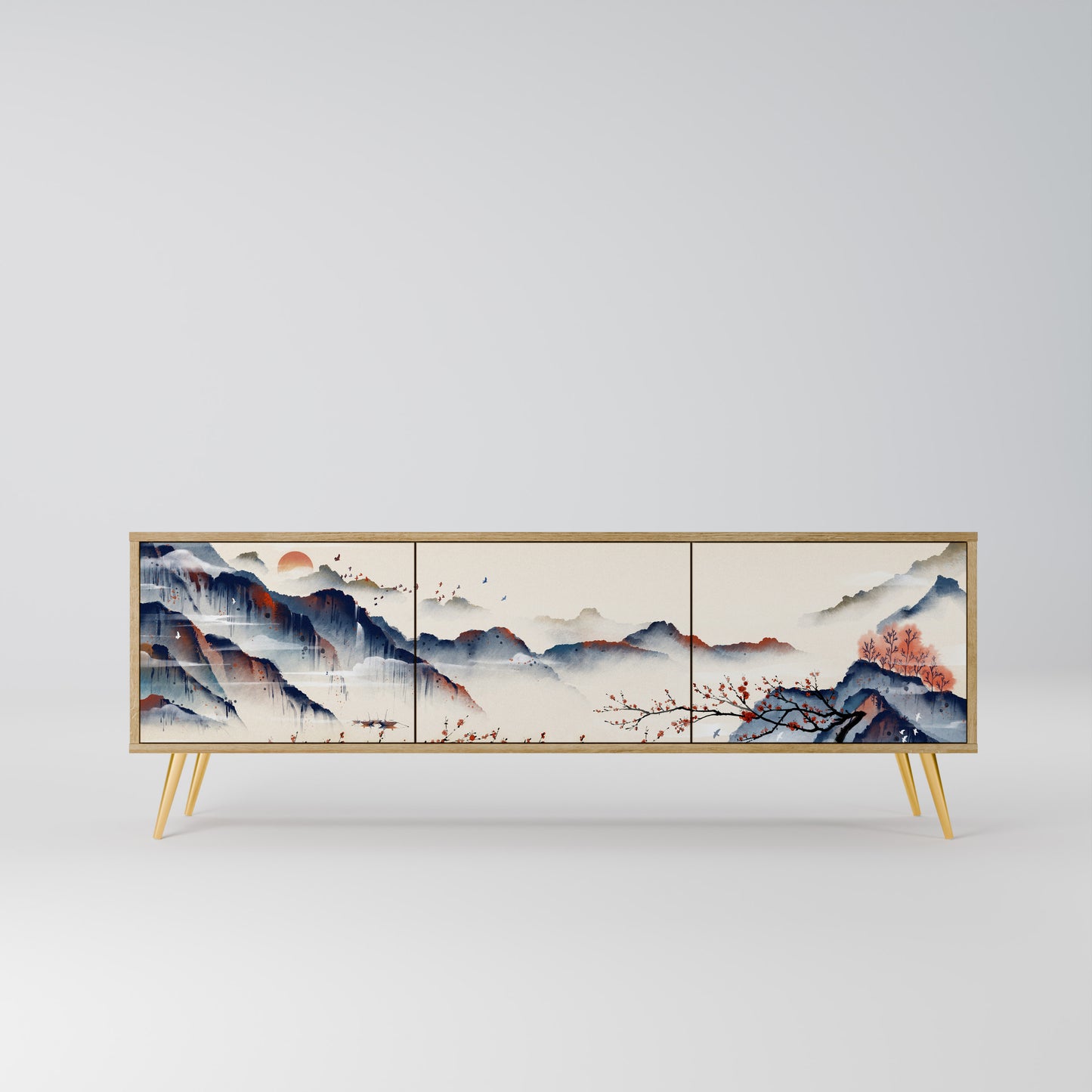 JAPANESE LANDSCAPE 3-Door TV Stand in Oak Effect