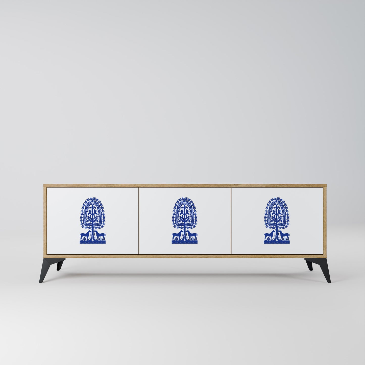 POLISH FOLK ART 3-Door TV Stand in Oak Effect