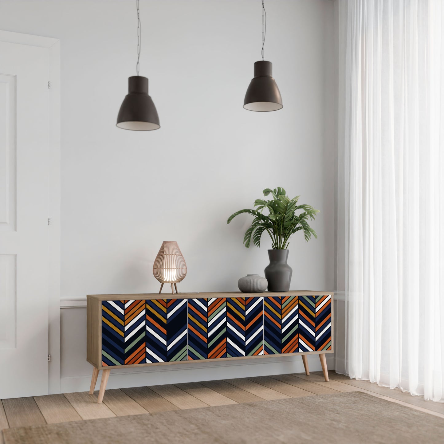VIBRANT PATCHWORK 3-dörrars TV-bänk i ekeffekt