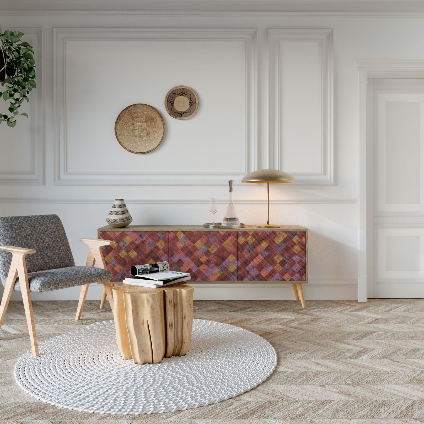 MÅLADE KVADRAT TV-bänk med 3 dörrar i ekeffekt
