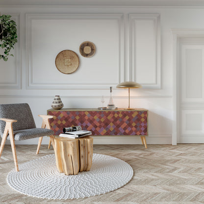 MÅLADE KVADRAT TV-bänk med 3 dörrar i ekeffekt
