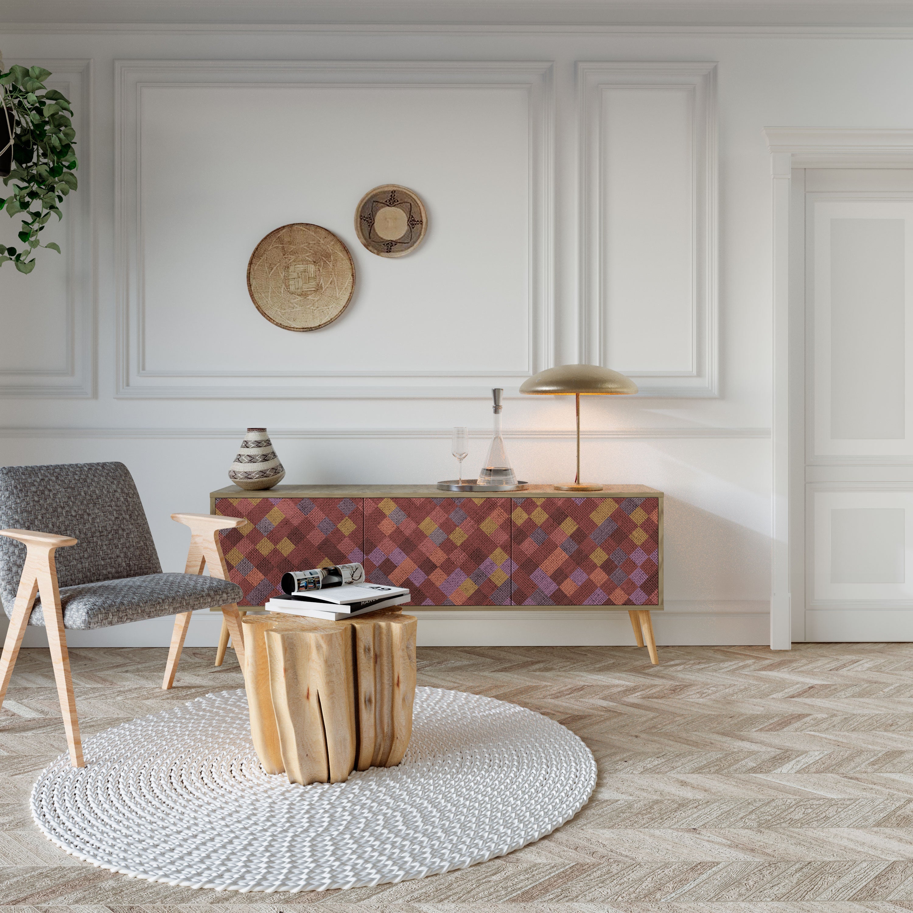 MÅLADE KVADRAT TV-bänk med 3 dörrar i ekeffekt