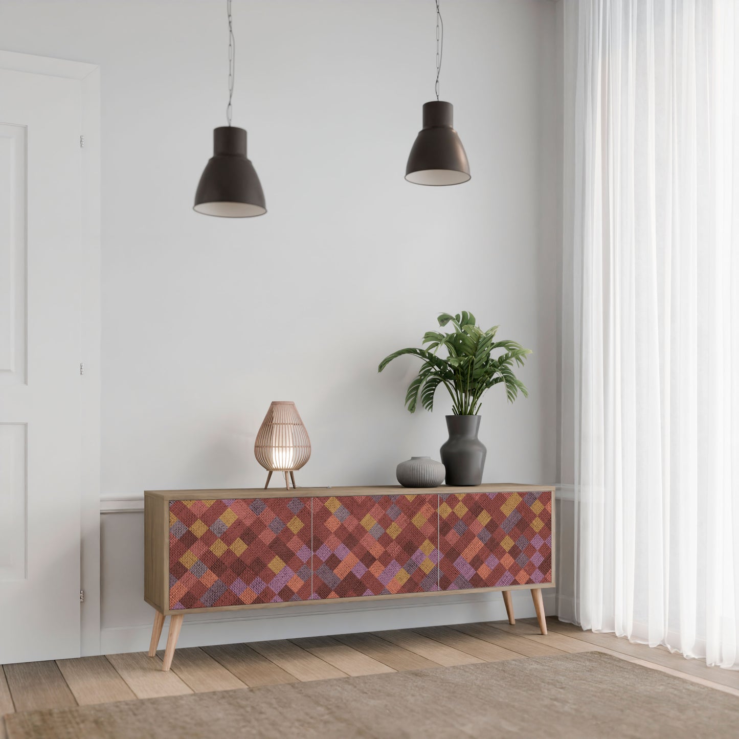 MÅLADE KVADRAT TV-bänk med 3 dörrar i ekeffekt