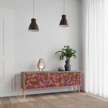 MÅLADE KVADRAT TV-bänk med 3 dörrar i ekeffekt
