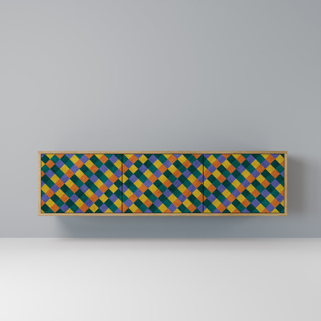 MÅLADE KVADRAT MIX TV-bänk med 3 dörrar i ekeffekt