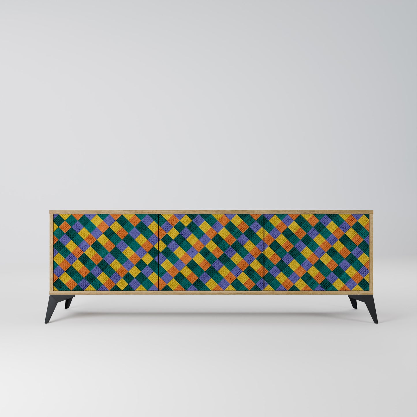 MÅLADE KVADRAT MIX TV-bänk med 3 dörrar i ekeffekt